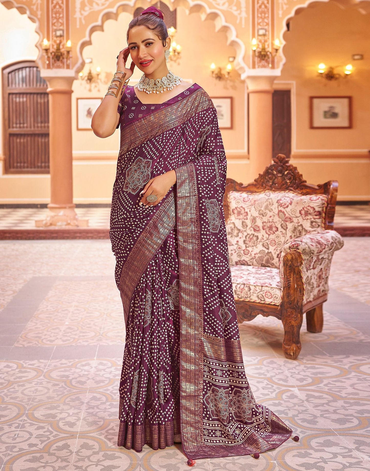 Deep Purple Bandhani Silk Saree