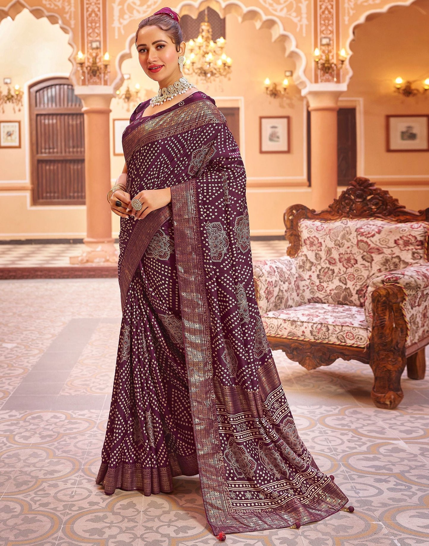 Deep Purple Bandhani Silk Saree