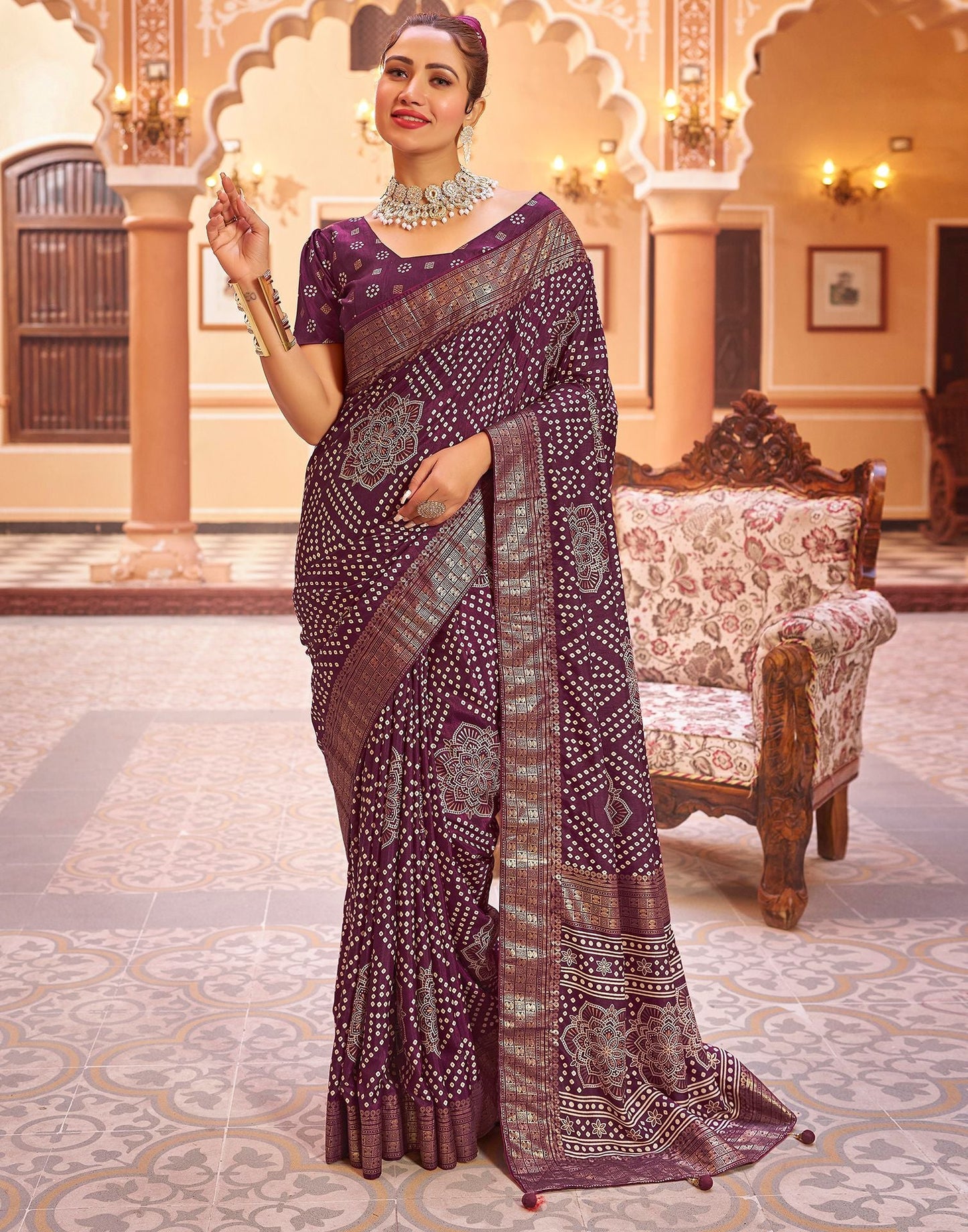 Deep Purple Bandhani Silk Saree