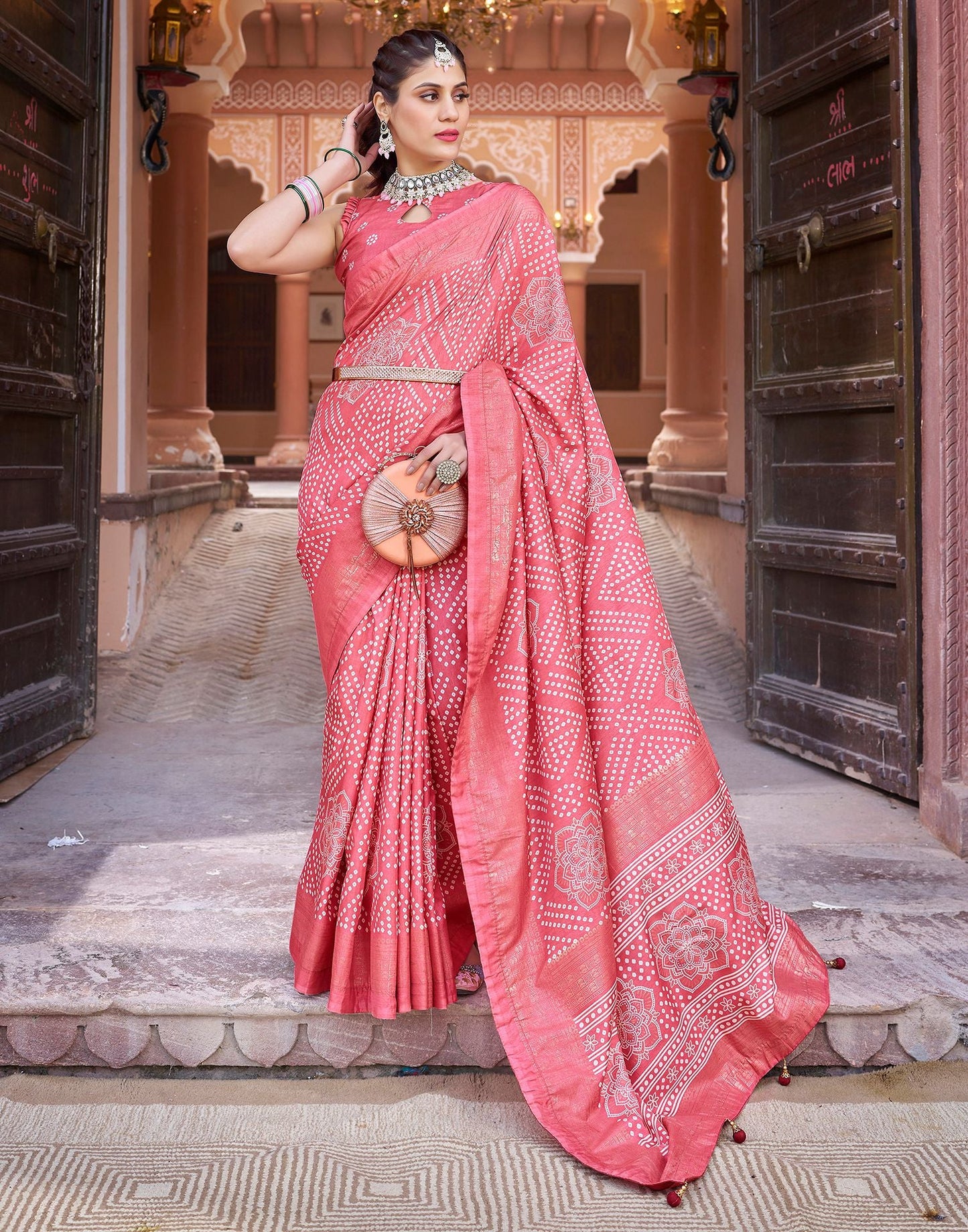 Light Pink Bandhani Silk Saree