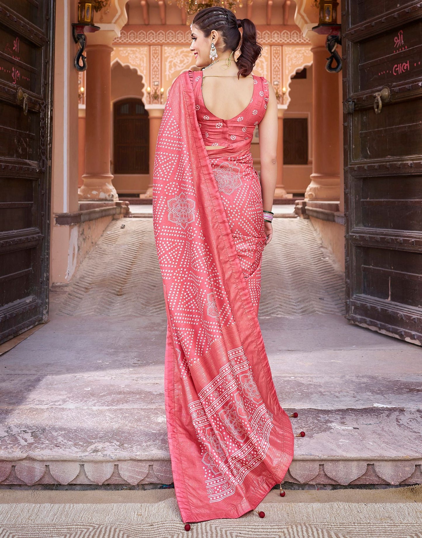 Light Pink Bandhani Silk Saree