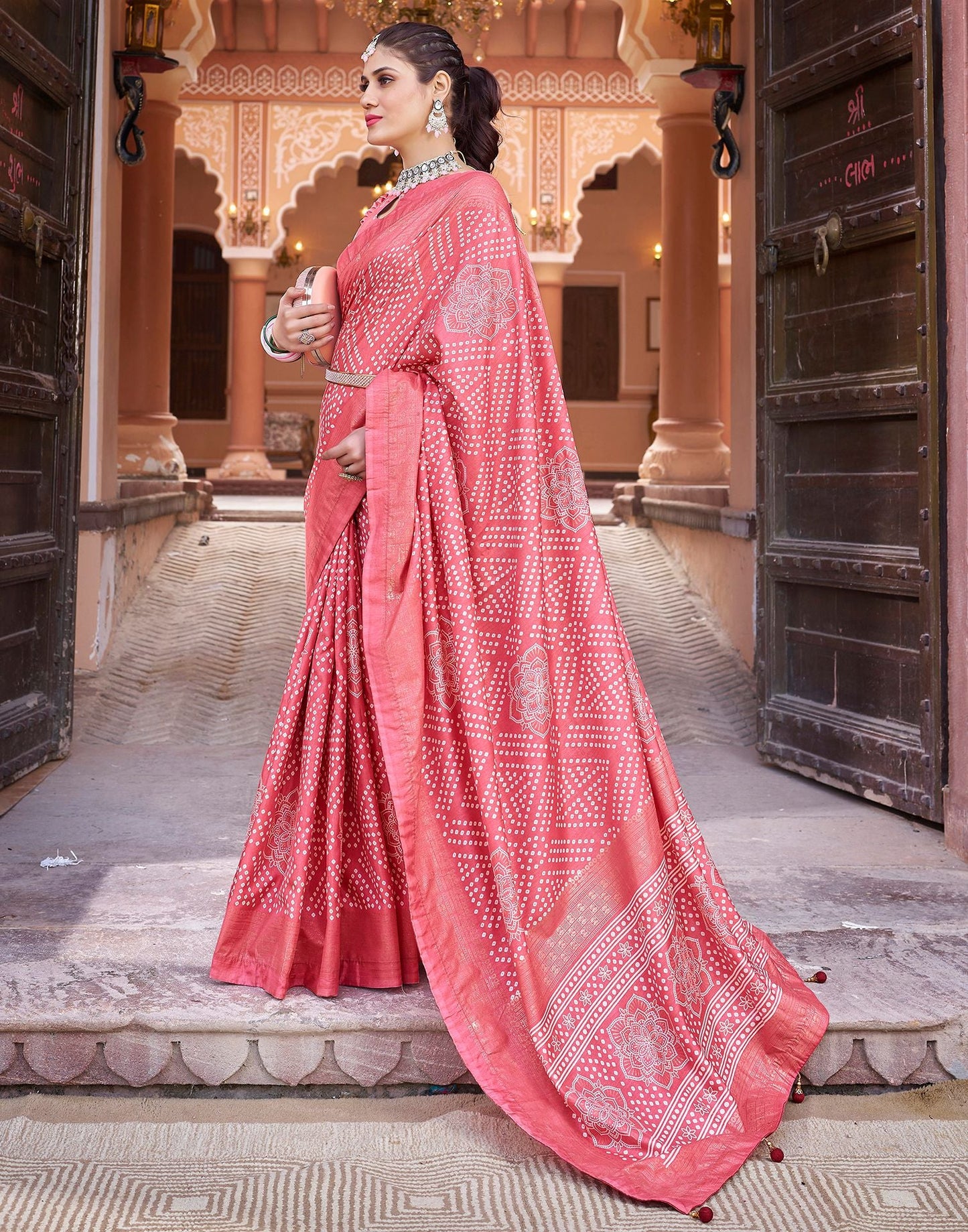 Light Pink Bandhani Silk Saree