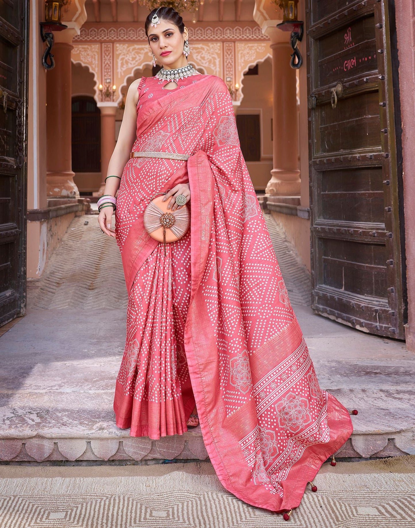 Light Pink Bandhani Silk Saree