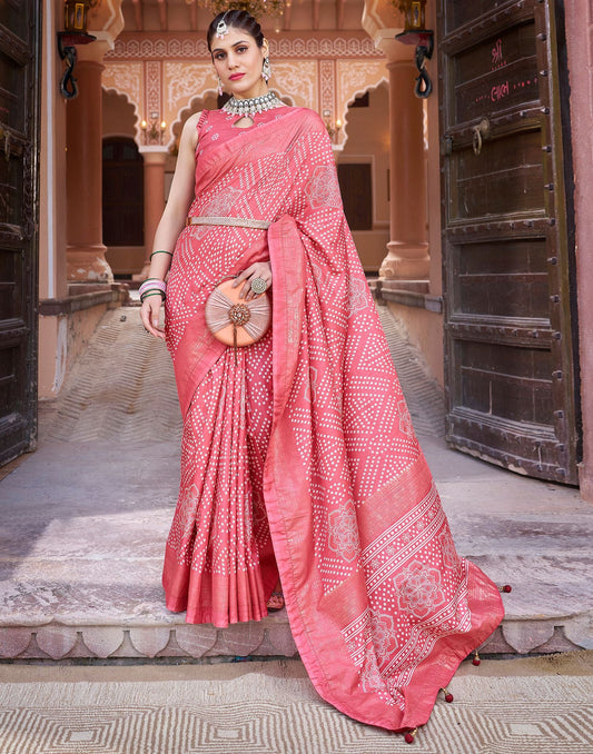 Light Pink Bandhani Silk Saree