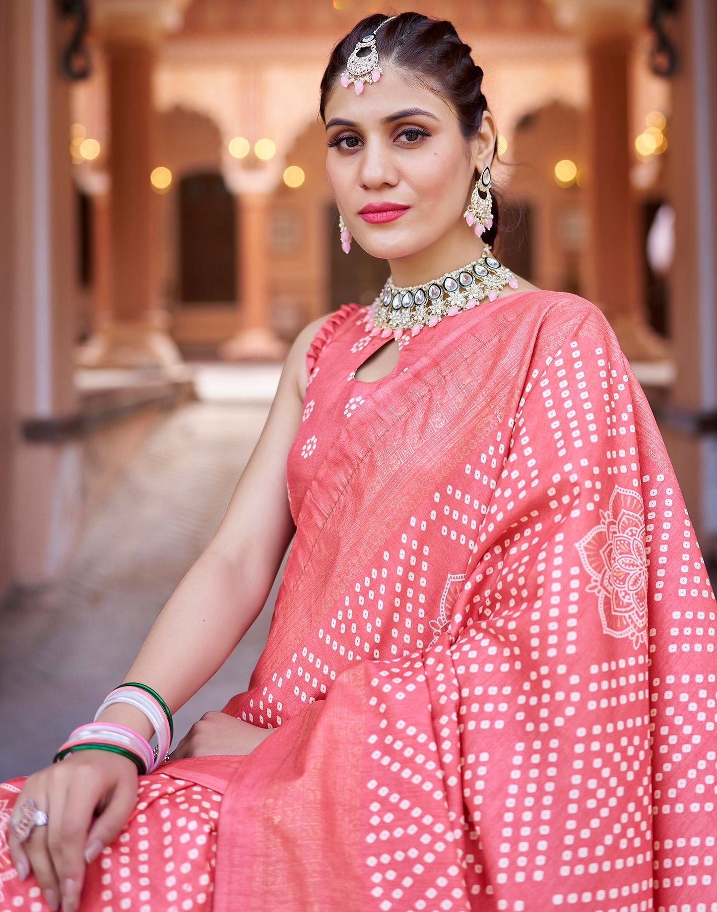 Light Pink Bandhani Silk Saree
