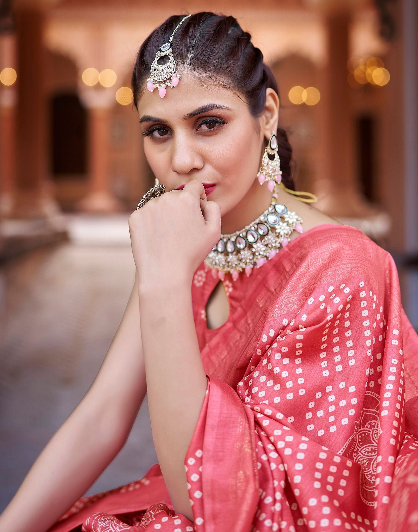 Light Pink Bandhani Silk Saree