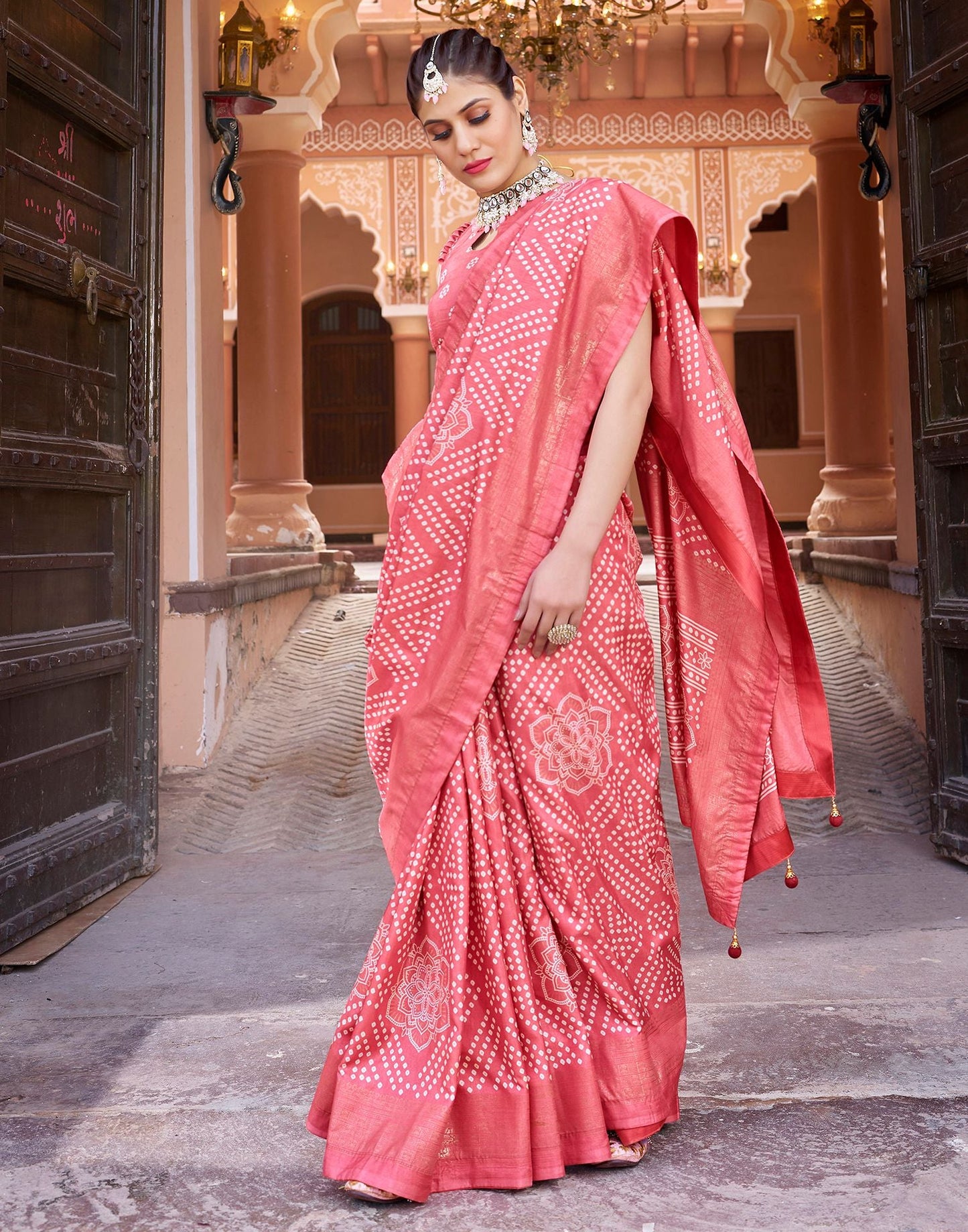 Light Pink Bandhani Silk Saree
