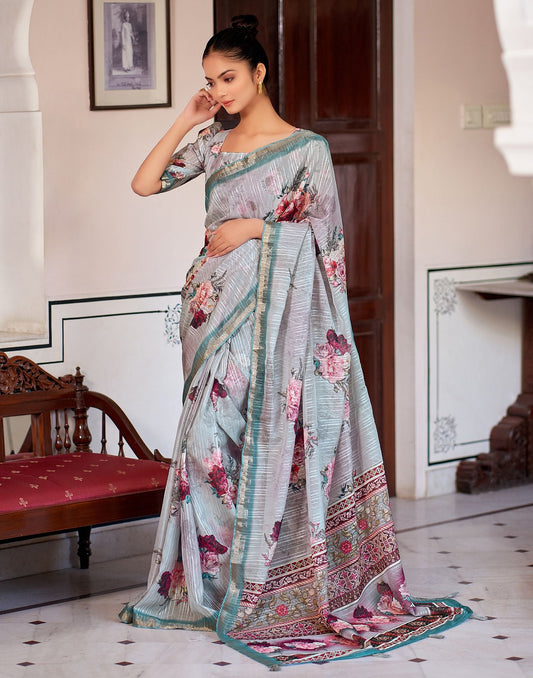 Light Grey Printed Cotton Saree