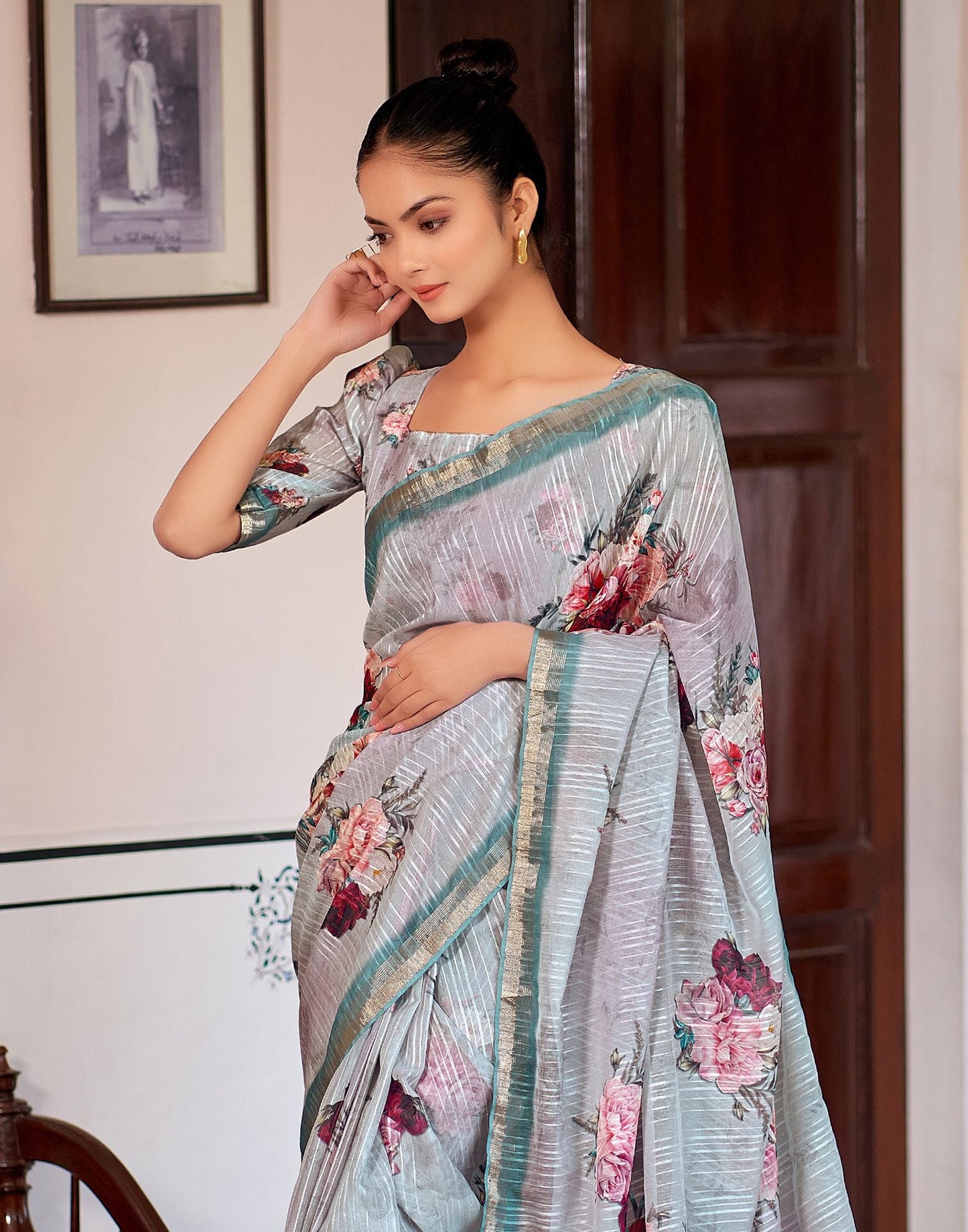 Light Grey Printed Cotton Saree