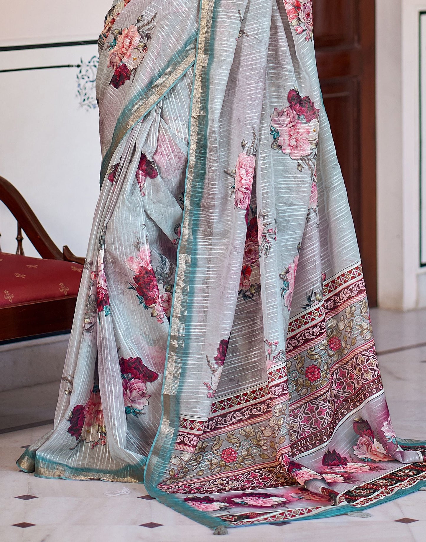 Light Grey Printed Cotton Saree
