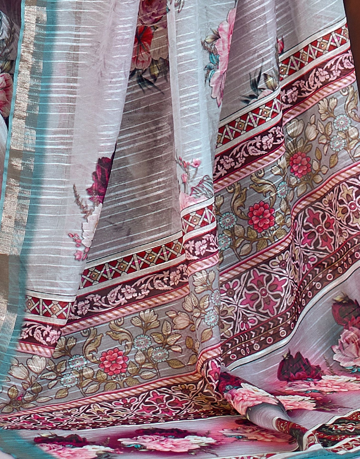 Light Grey Printed Cotton Saree