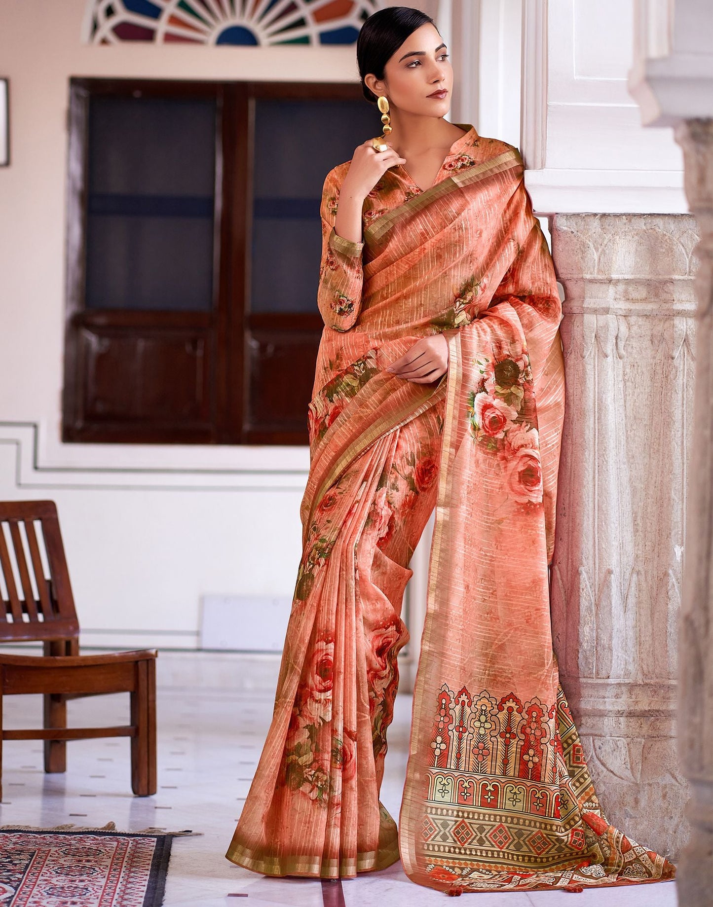 Orange Printed Cotton Saree
