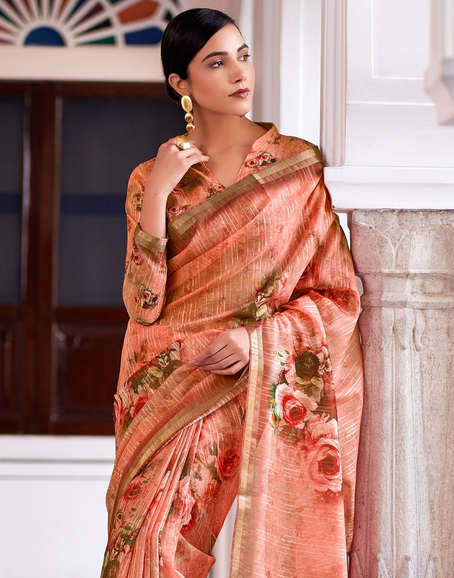 Orange Printed Cotton Saree