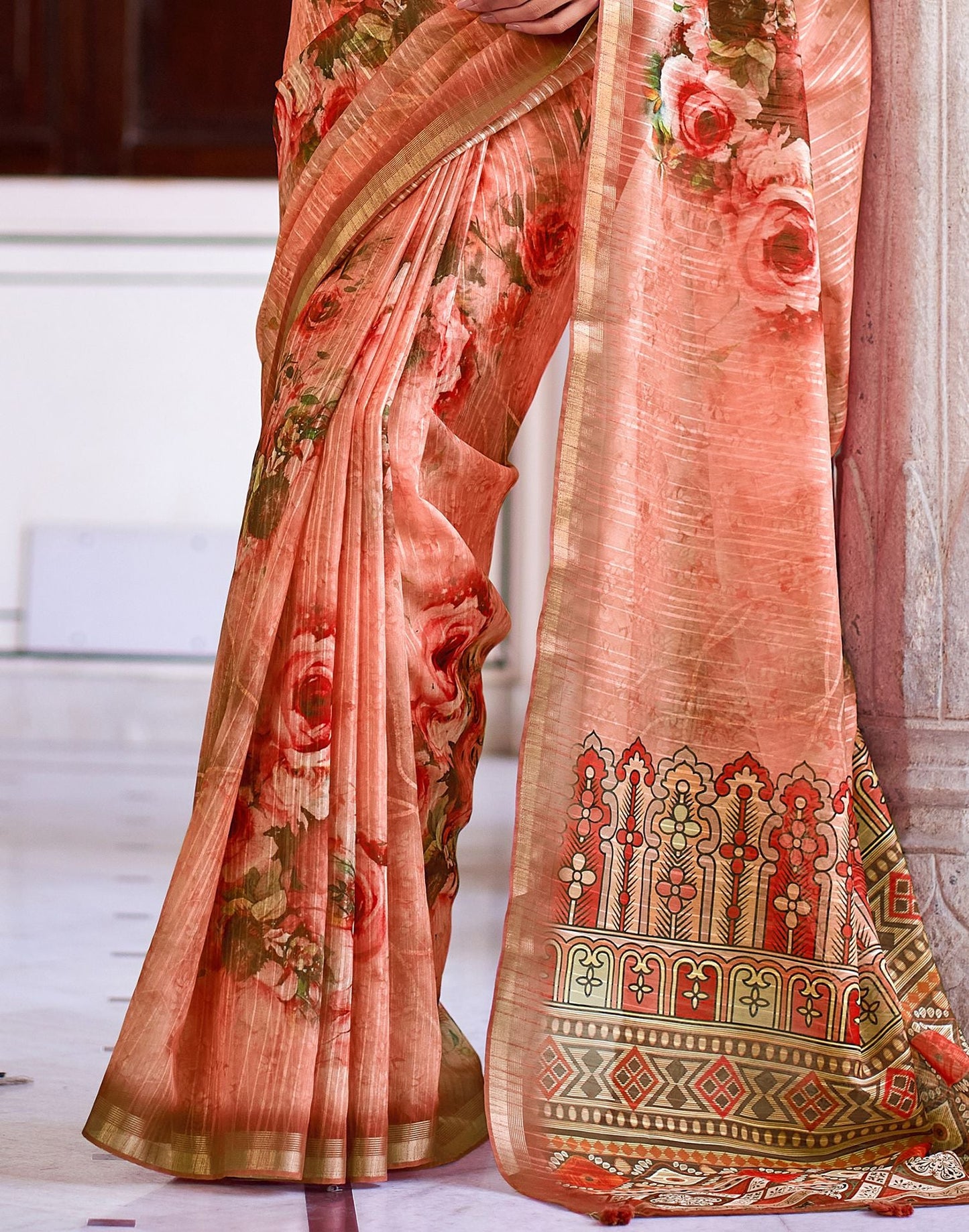 Orange Printed Cotton Saree