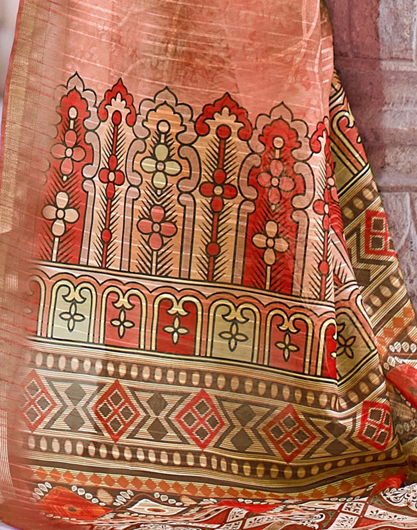 Orange Printed Cotton Saree