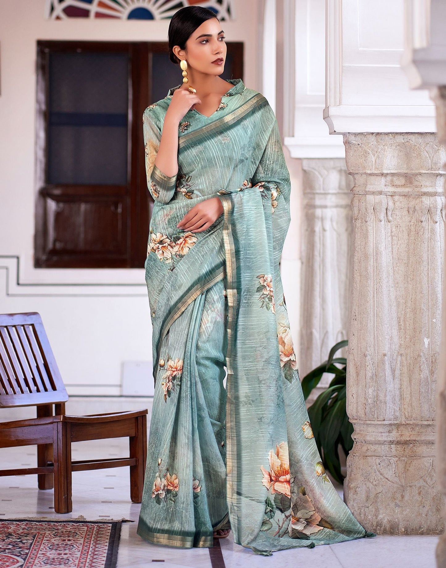 Dusty Jade Green Printed Cotton Saree