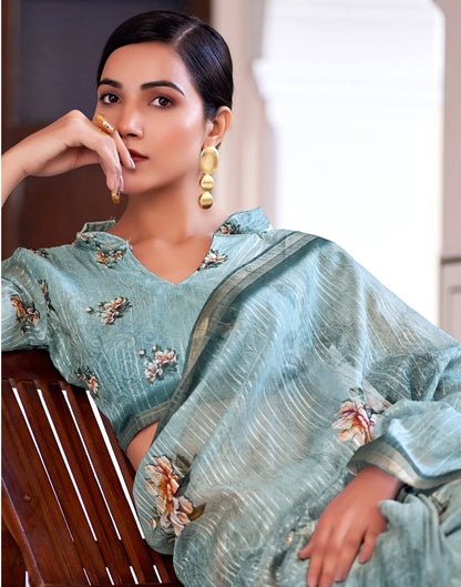 Dusty Jade Green Printed Cotton Saree