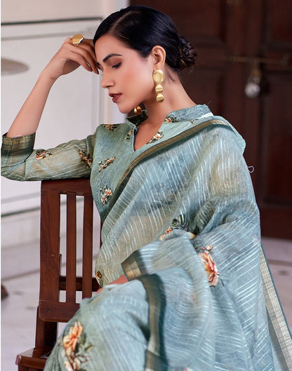 Dusty Jade Green Printed Cotton Saree