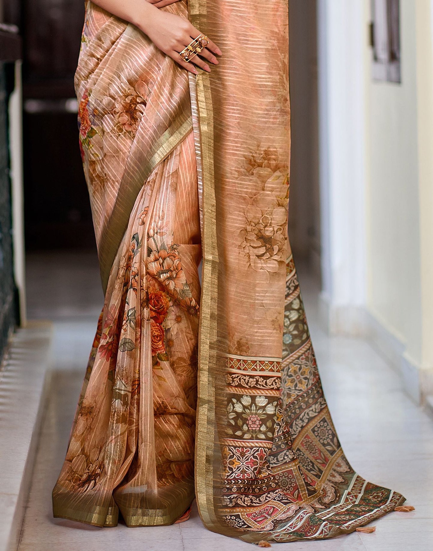 Peach Printed Cotton Saree