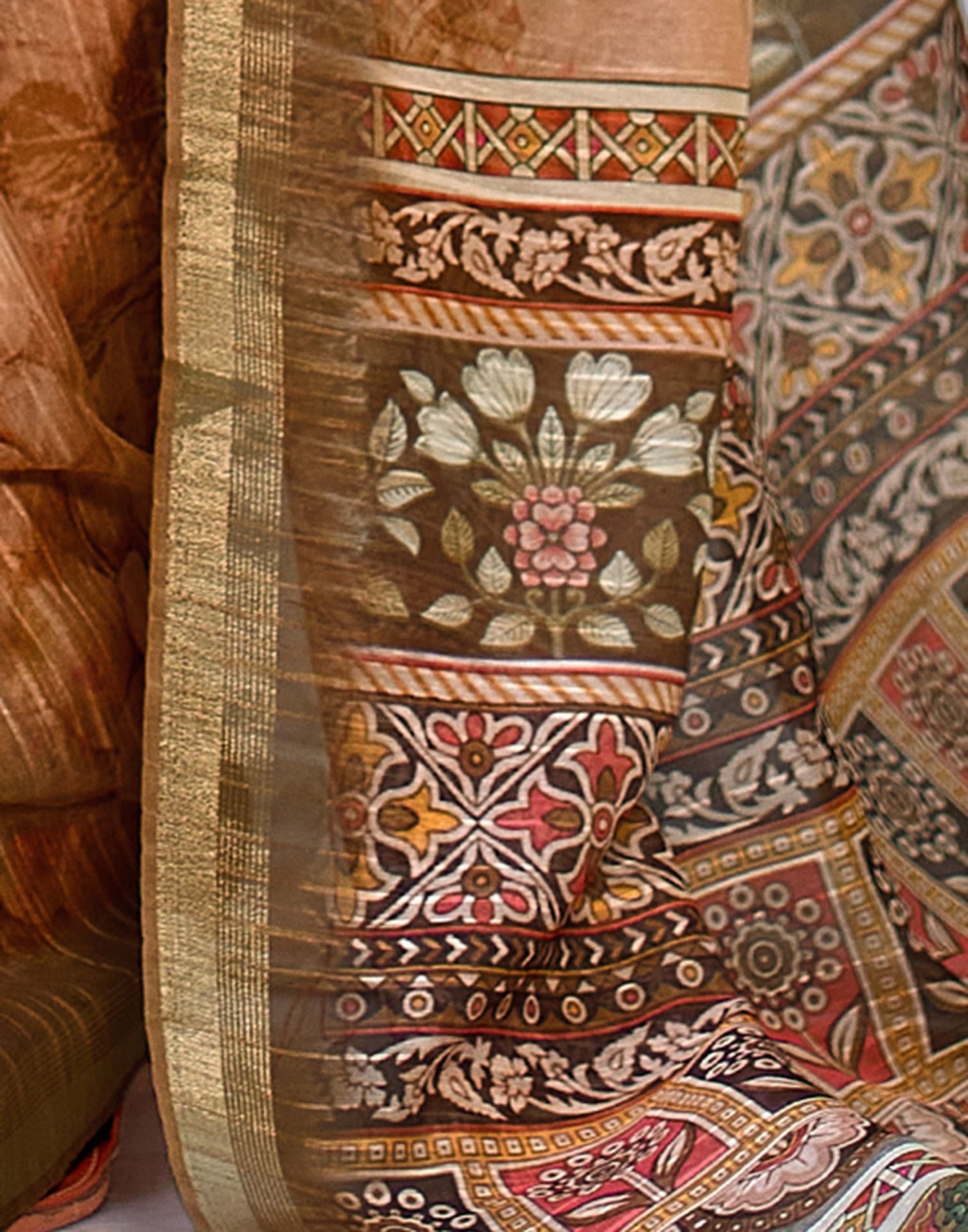 Peach Printed Cotton Saree