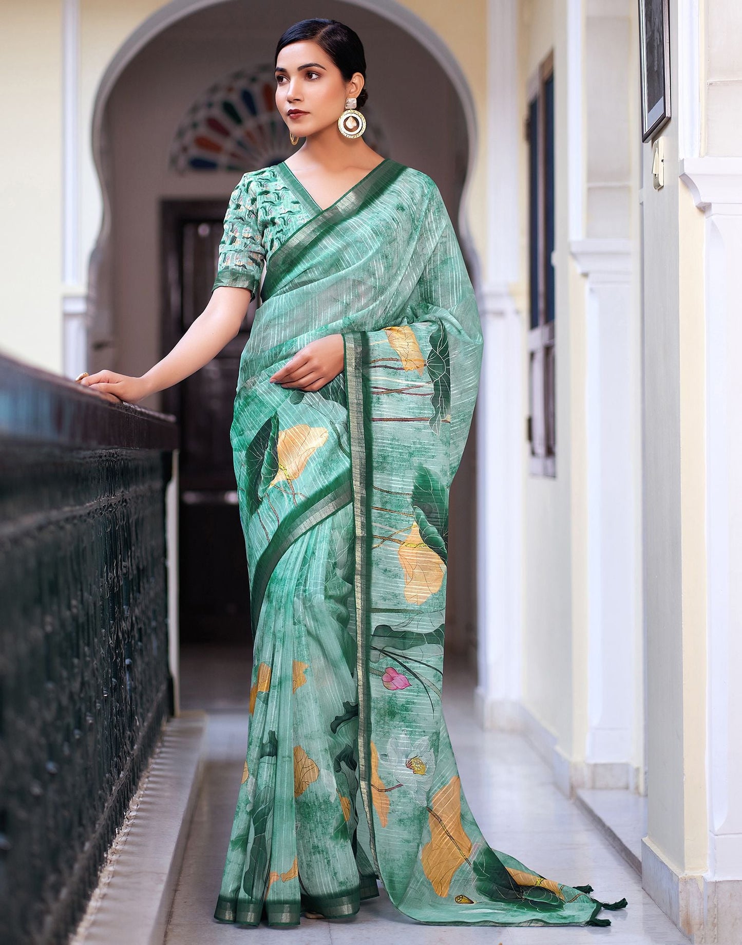 Turquoise Printed Cotton Saree