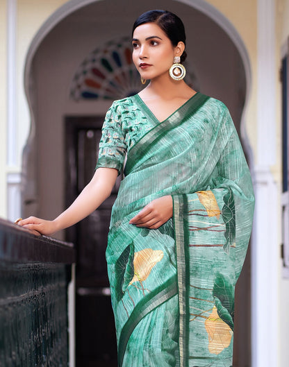 Turquoise Printed Cotton Saree