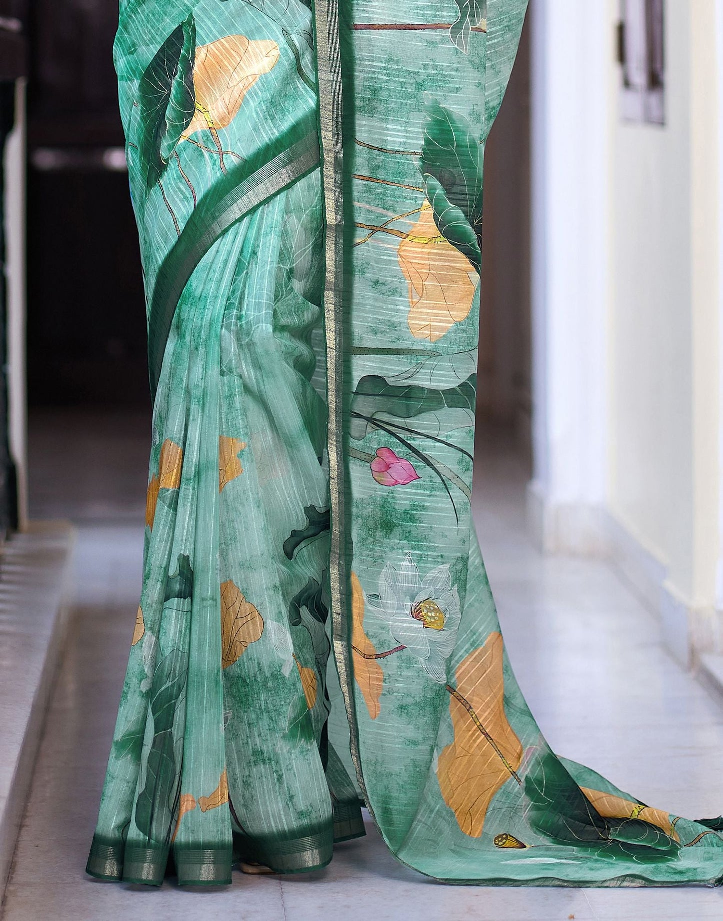 Turquoise Printed Cotton Saree