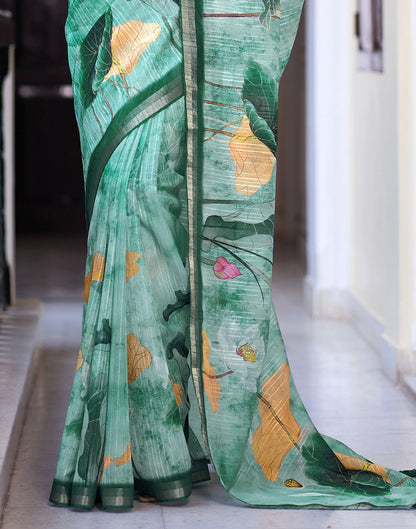Turquoise Printed Cotton Saree