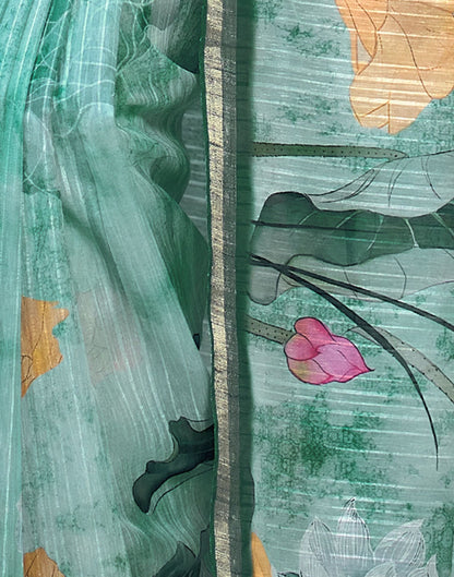 Turquoise Printed Cotton Saree