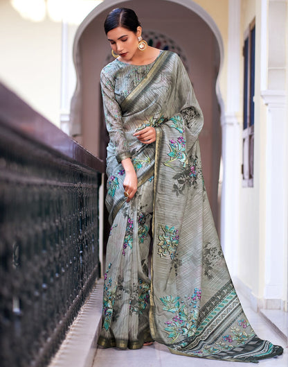 Grey Printed Cotton Saree
