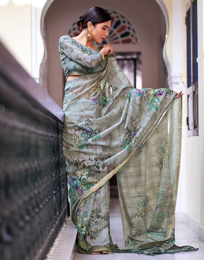 Grey Printed Cotton Saree