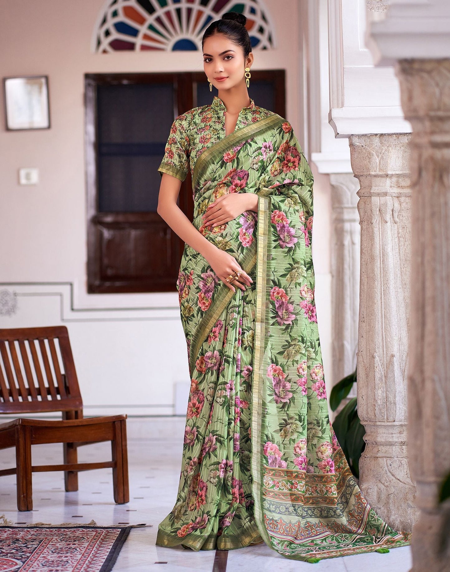 Pista Green Printed Cotton Saree