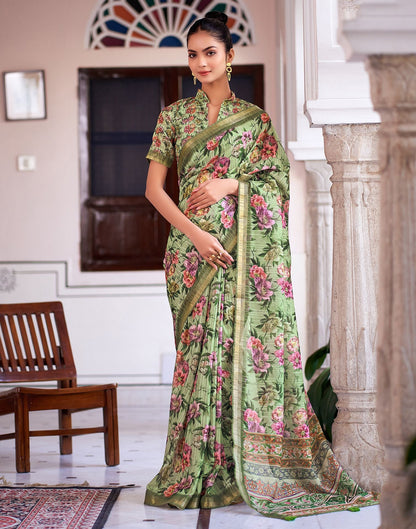 Pista Green Printed Cotton Saree
