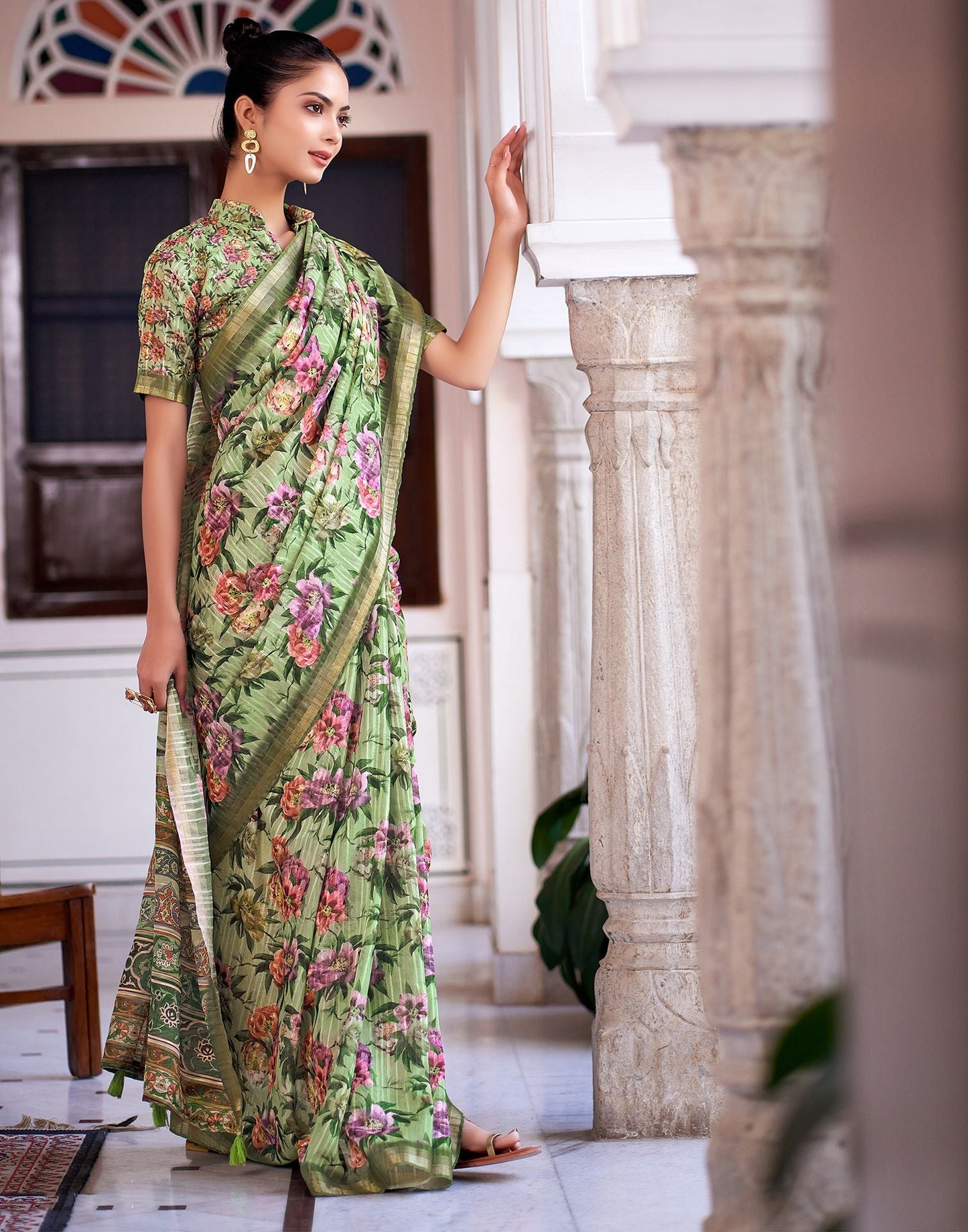 Pista Green Printed Cotton Saree