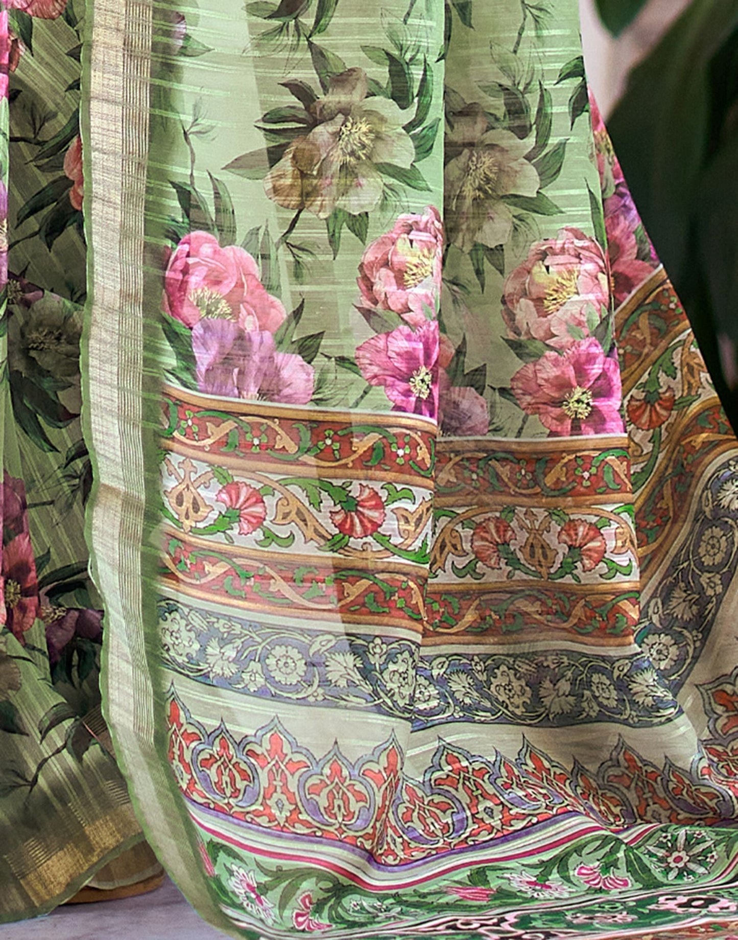 Pista Green Printed Cotton Saree