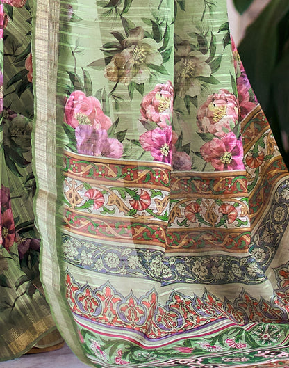Pista Green Printed Cotton Saree
