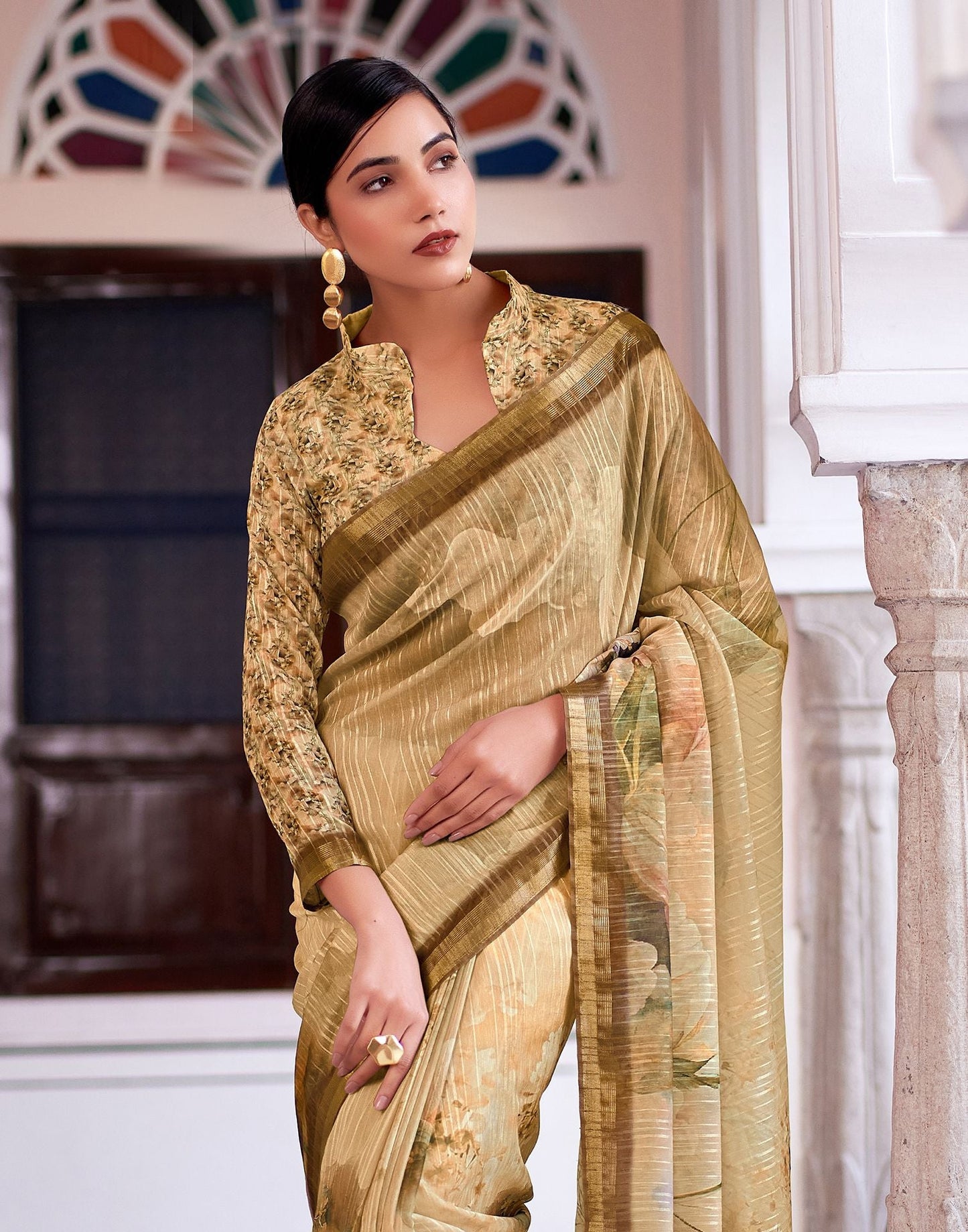 Beige Printed Cotton Saree