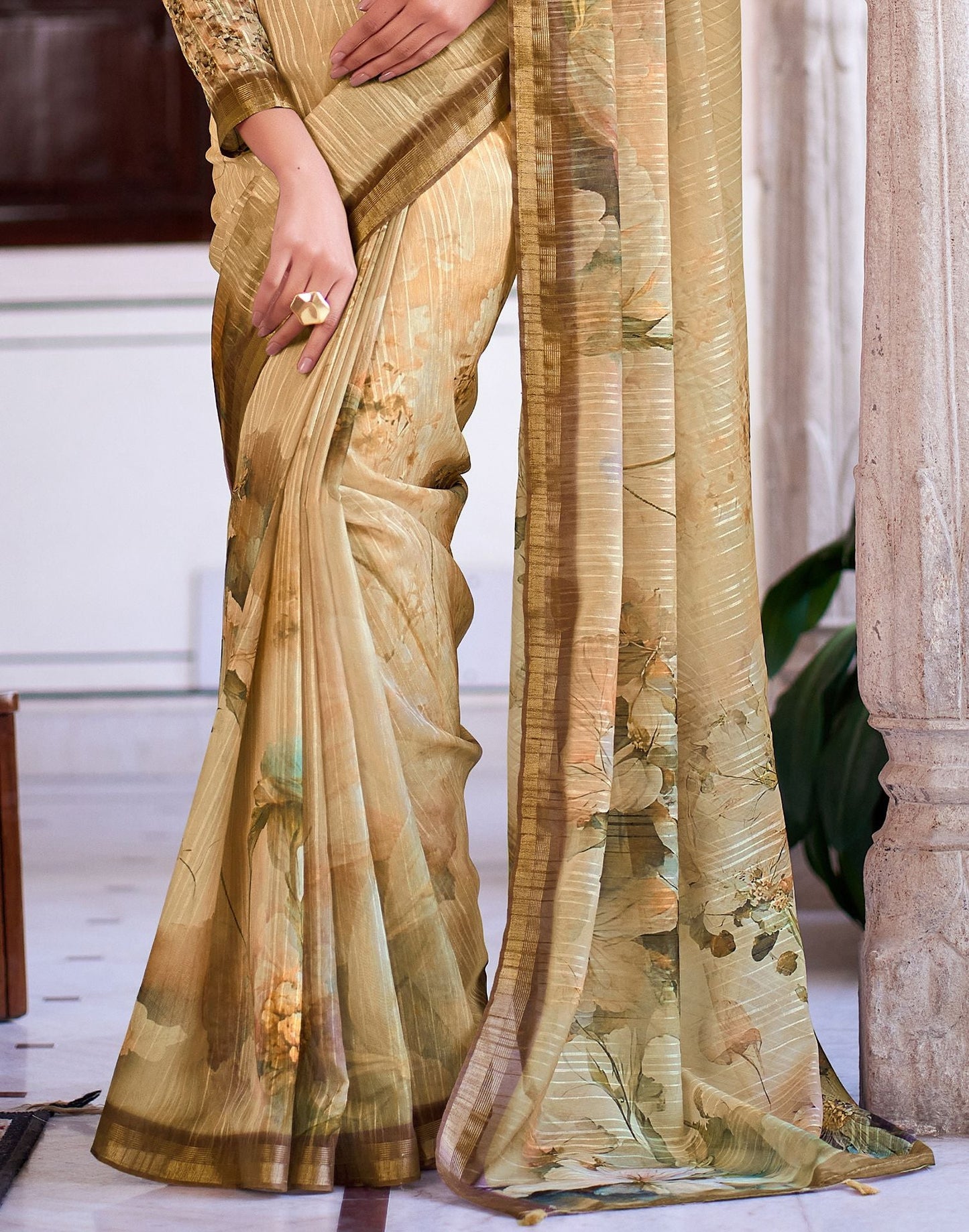 Beige Printed Cotton Saree