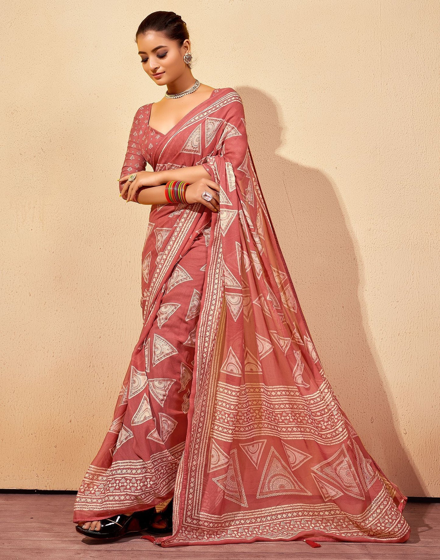 Rose Pink Printed Georgette Saree