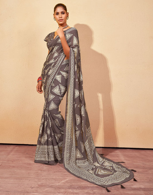 Wood Brown Printed Georgette Saree