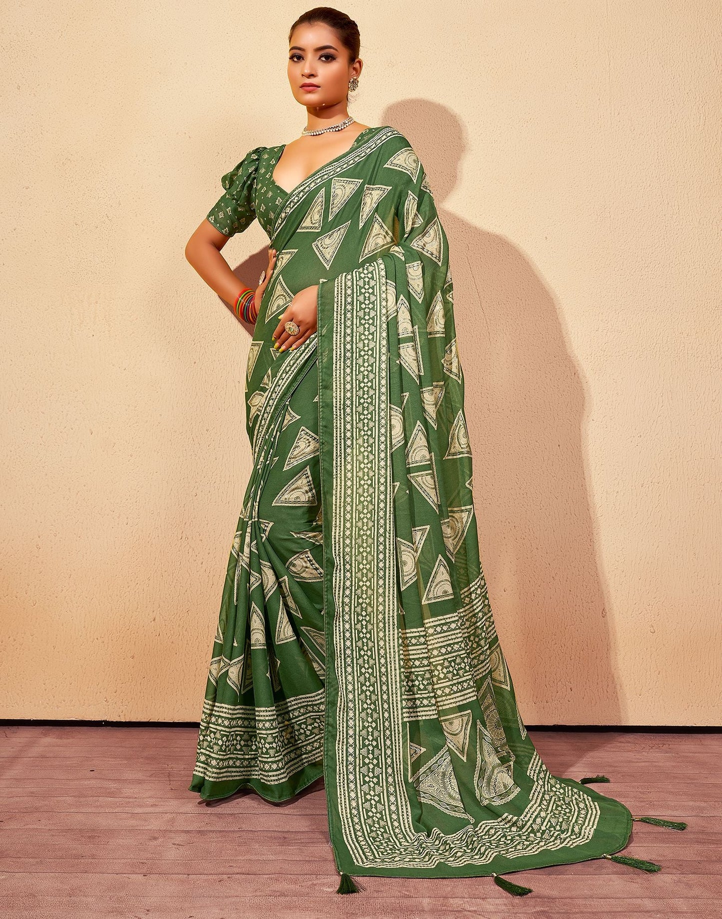 Green Printed Georgette Saree