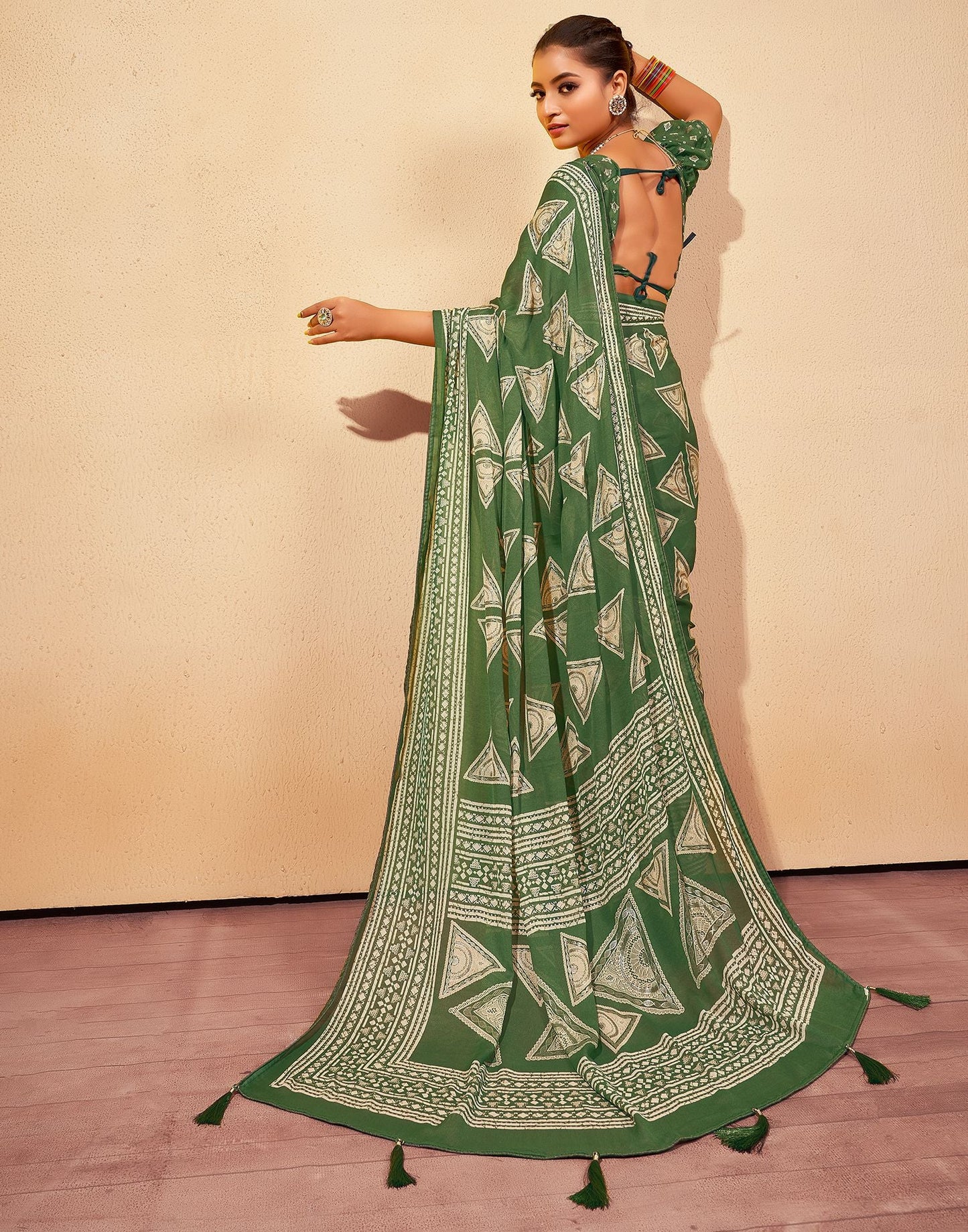 Green Printed Georgette Saree