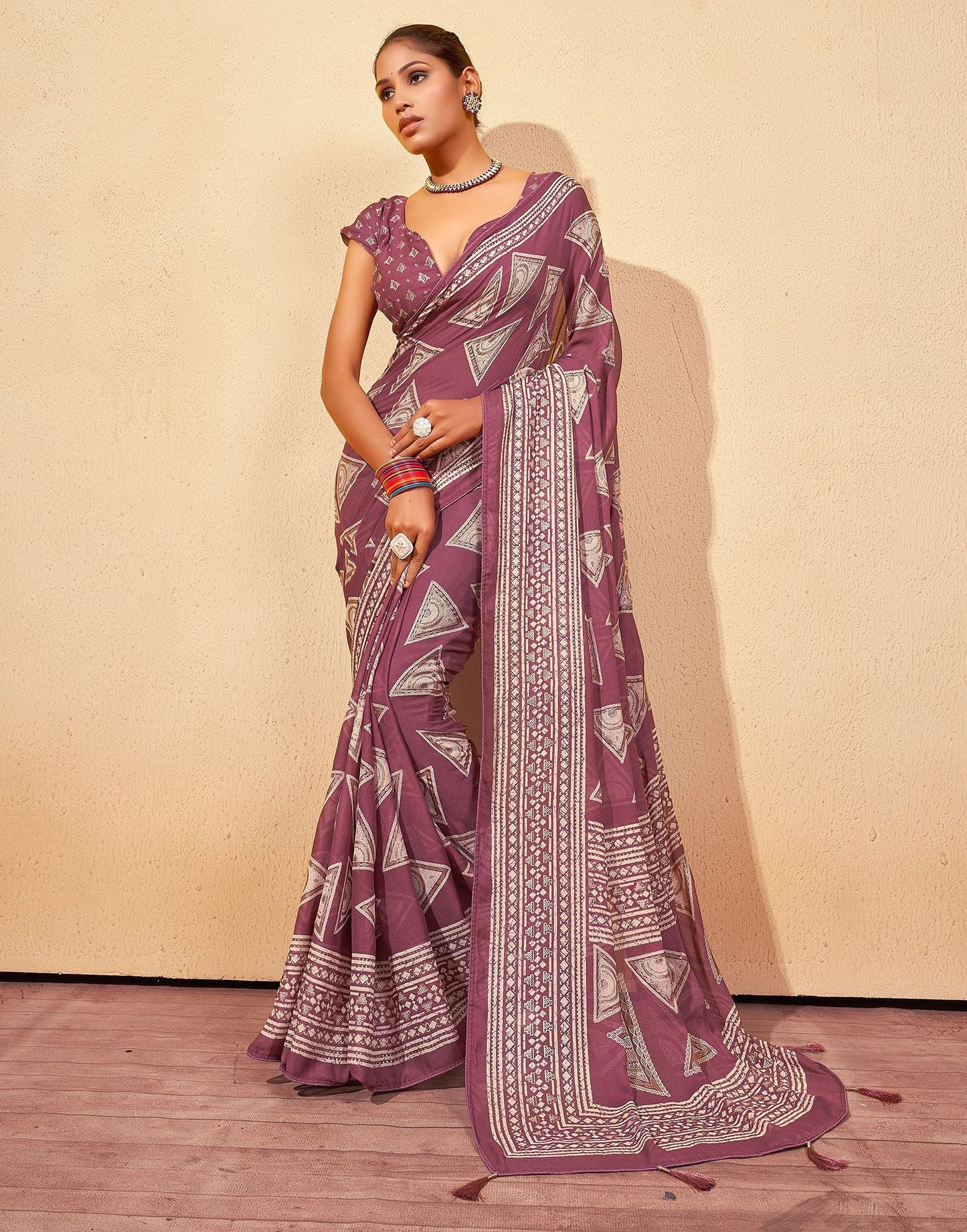 Dusty Pink Printed Georgette Saree