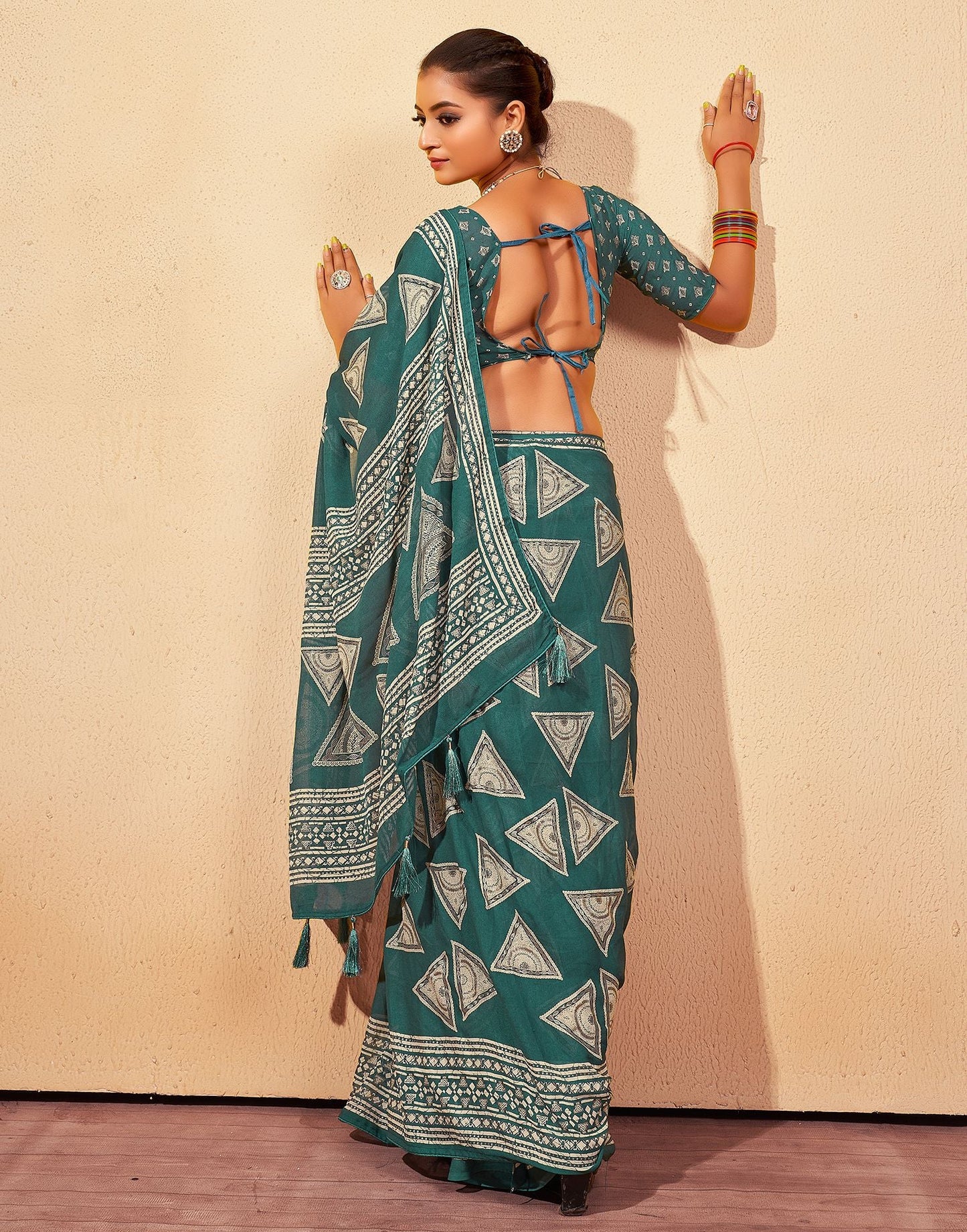 Pine Green Printed Georgette Saree