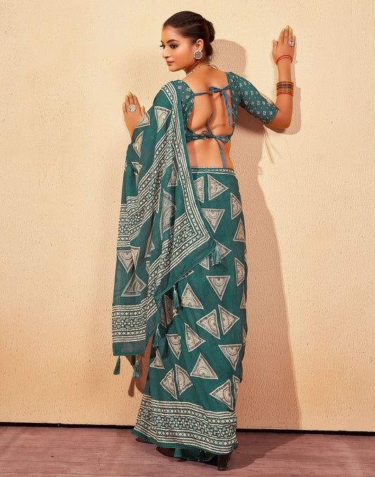 Pine Green Printed Georgette Saree