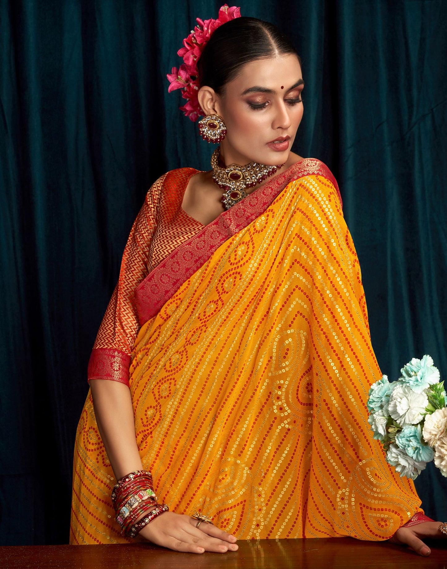 Yellow Jacquard Gergette Saree