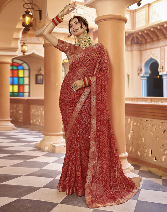 Cherry Red Jacquard Georgette Saree