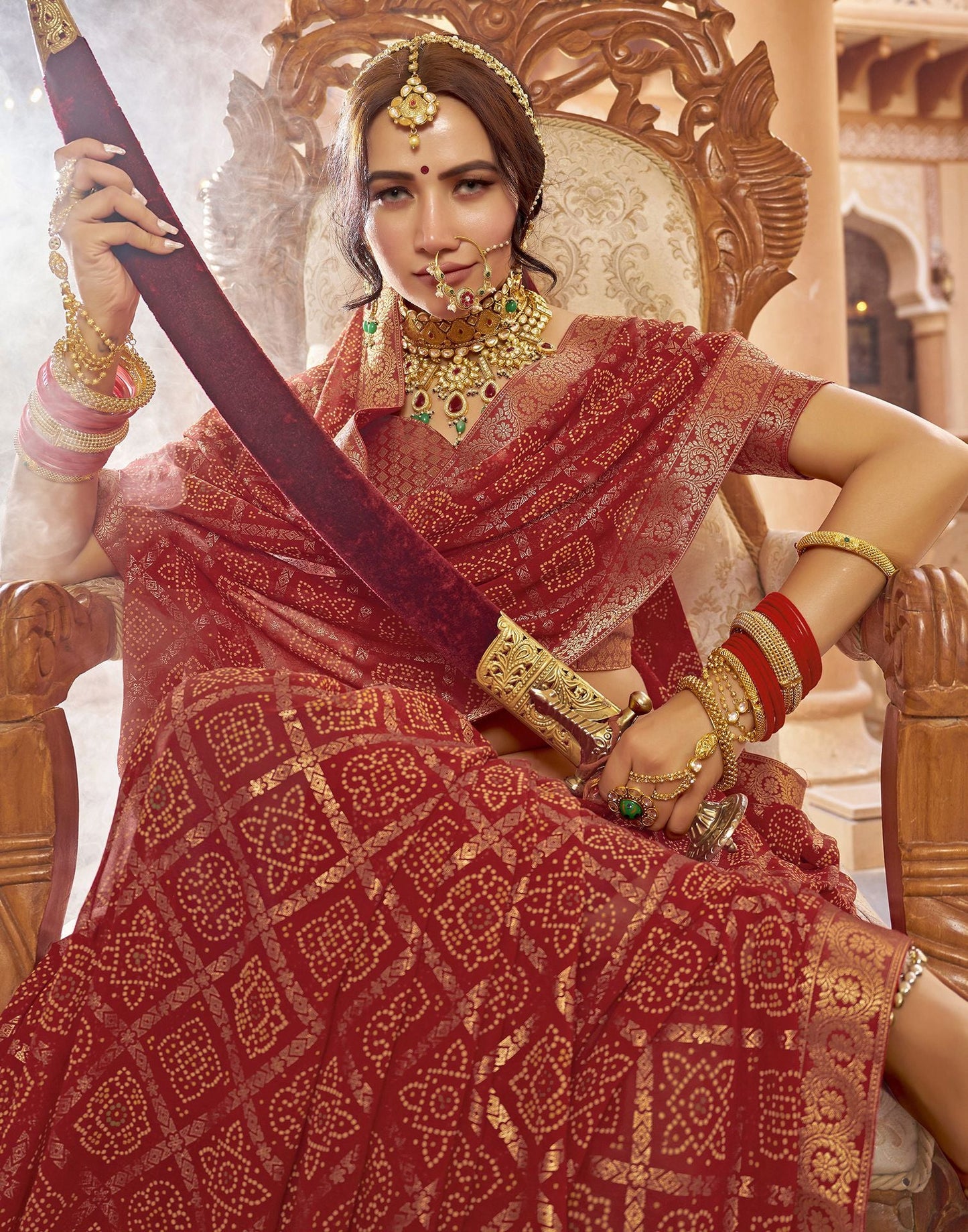 Cherry Red Jacquard Georgette Saree