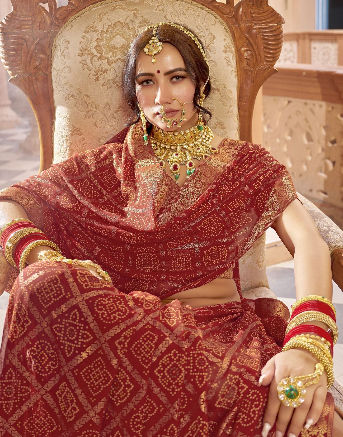 Cherry Red Jacquard Georgette Saree