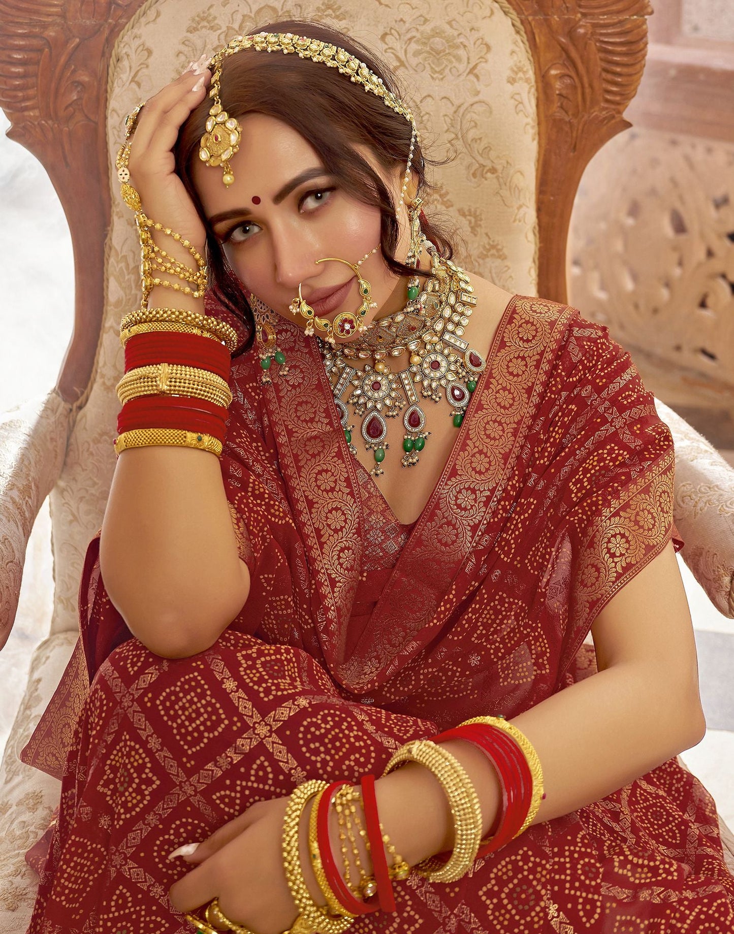 Cherry Red Jacquard Georgette Saree